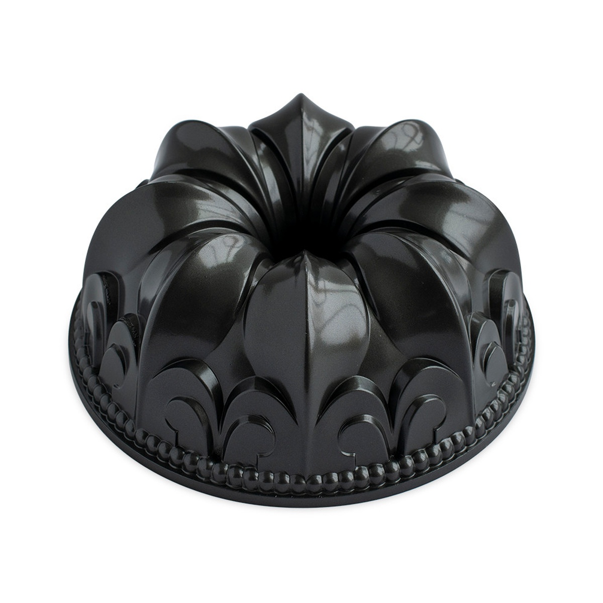 Nordic Ware Fleur De Lis Bundt Pan in dark cast aluminum showing intricate fleur de lis pattern and beaded rim detail