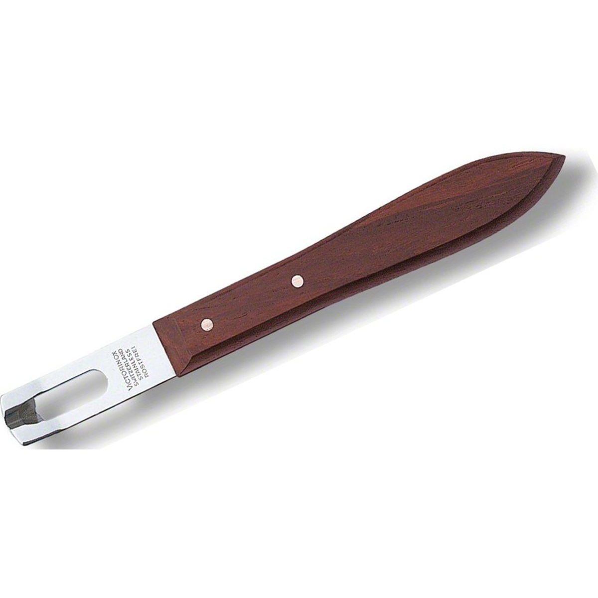 Victorinox 5.3400 channel knife angled view highlighting contoured bubinga wood handle and stainless steel blade