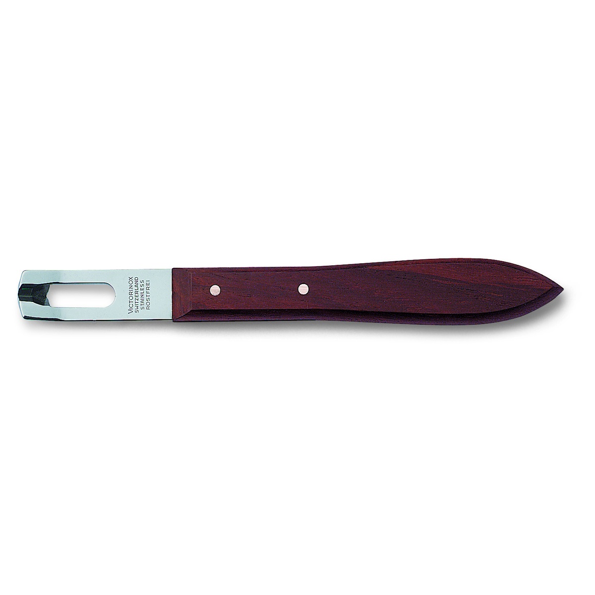 Victorinox 5.3400 channel knife top-down view showing stamped stainless steel channel blade and bubinga wood handle