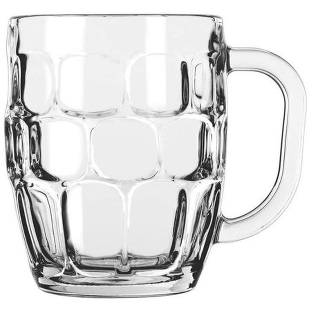 Libbey 5355 19.25 oz clear glass dimple stein beer mug with handle, showing textured dimpled exterior