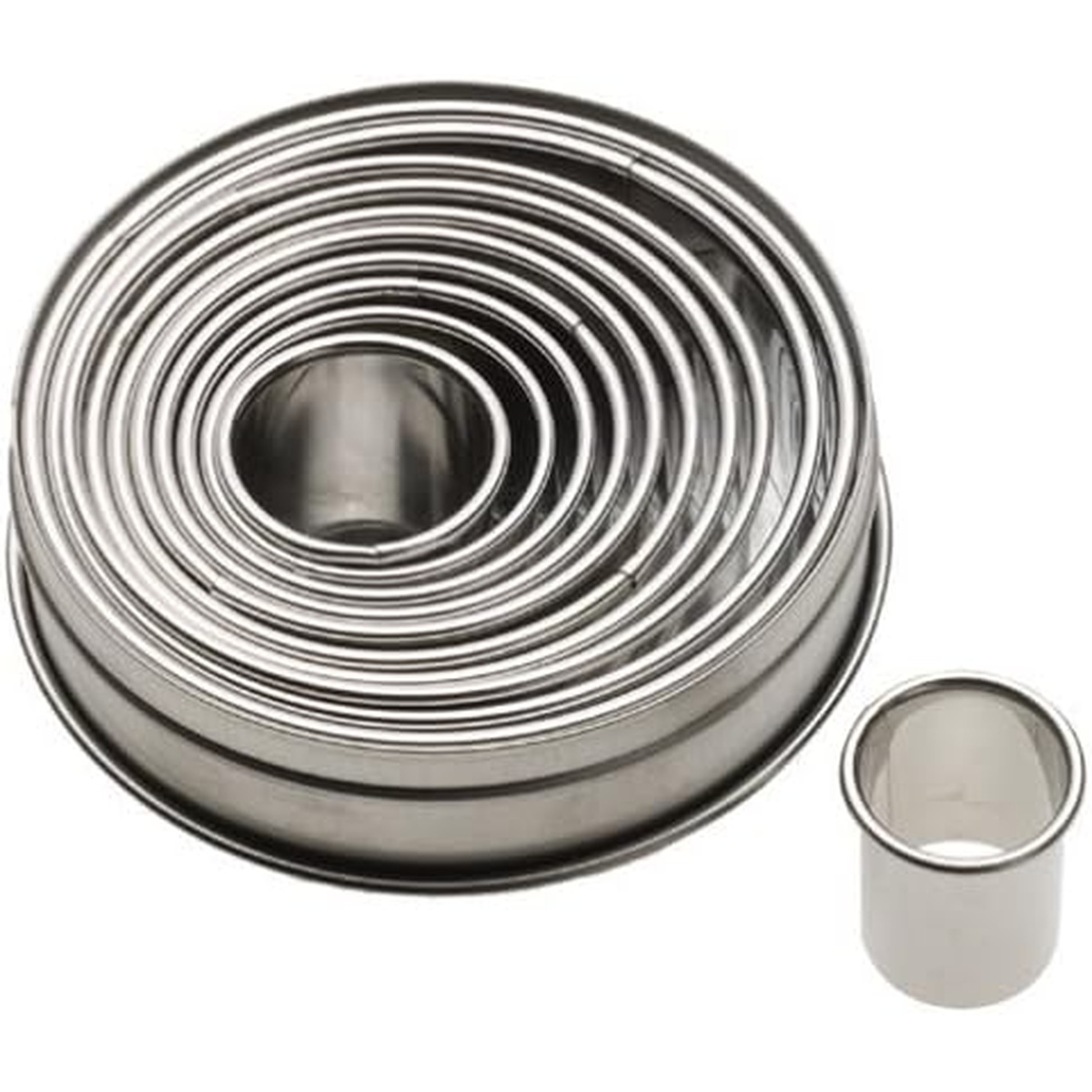 Ateco plain round stainless steel cutters nested together with one small cutter placed beside the stack
