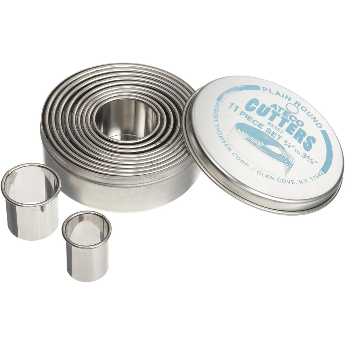 Ateco 5357 11-piece plain round stainless steel cutter set with tin storage box and two cutters displayed in front