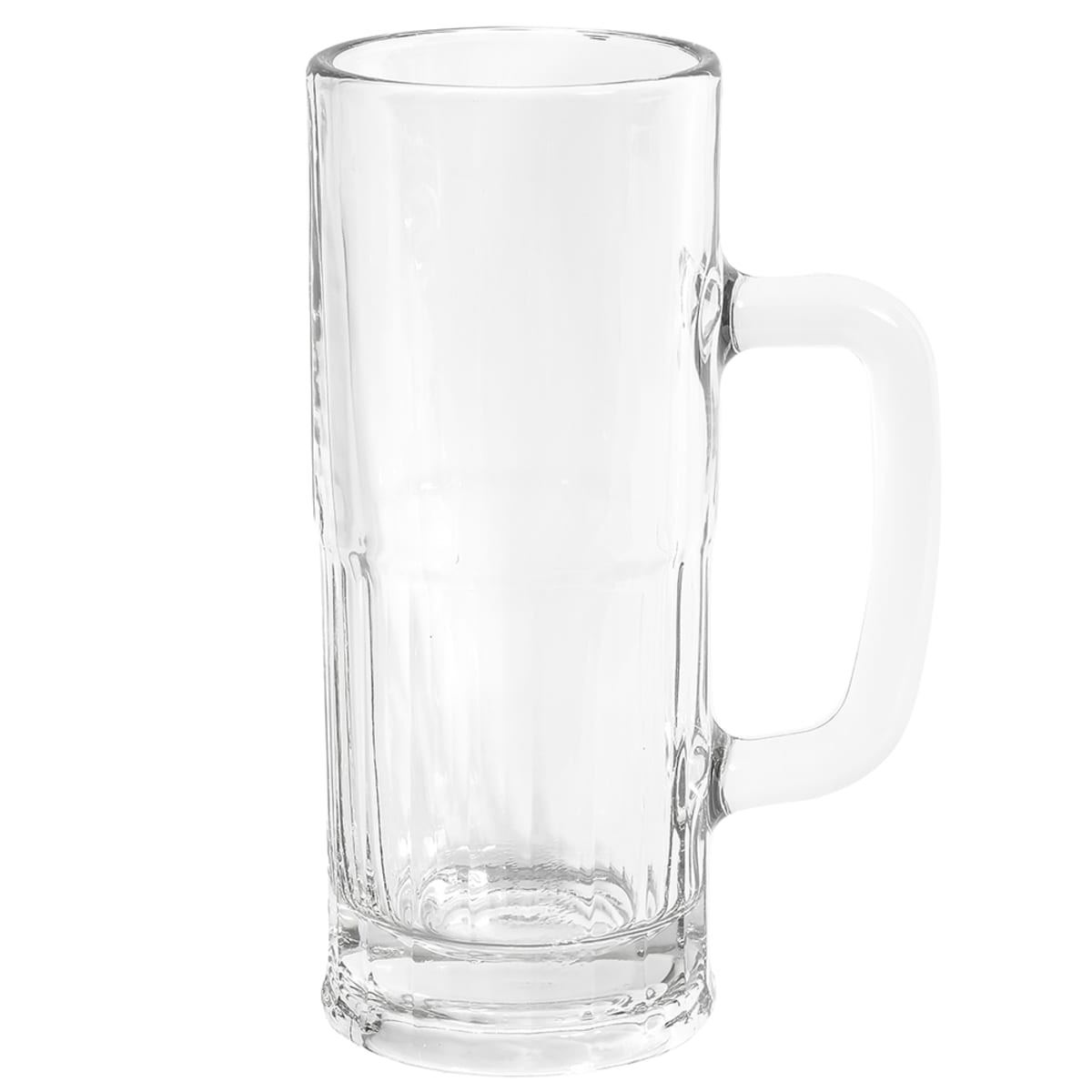 Libbey 5360 clear glass beer mug with sturdy handle and vertical panel base on white background