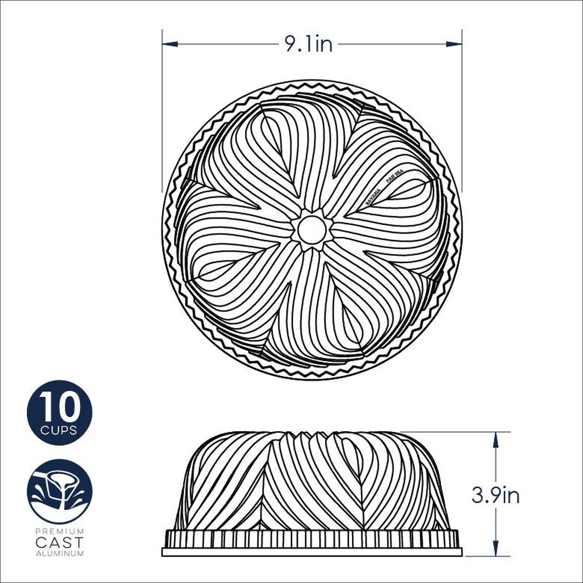 Bavaria Bundt Pan dimension diagram showing 9.1 inch diameter and 3.9 inch height with 10-cup and premium cast aluminum callouts