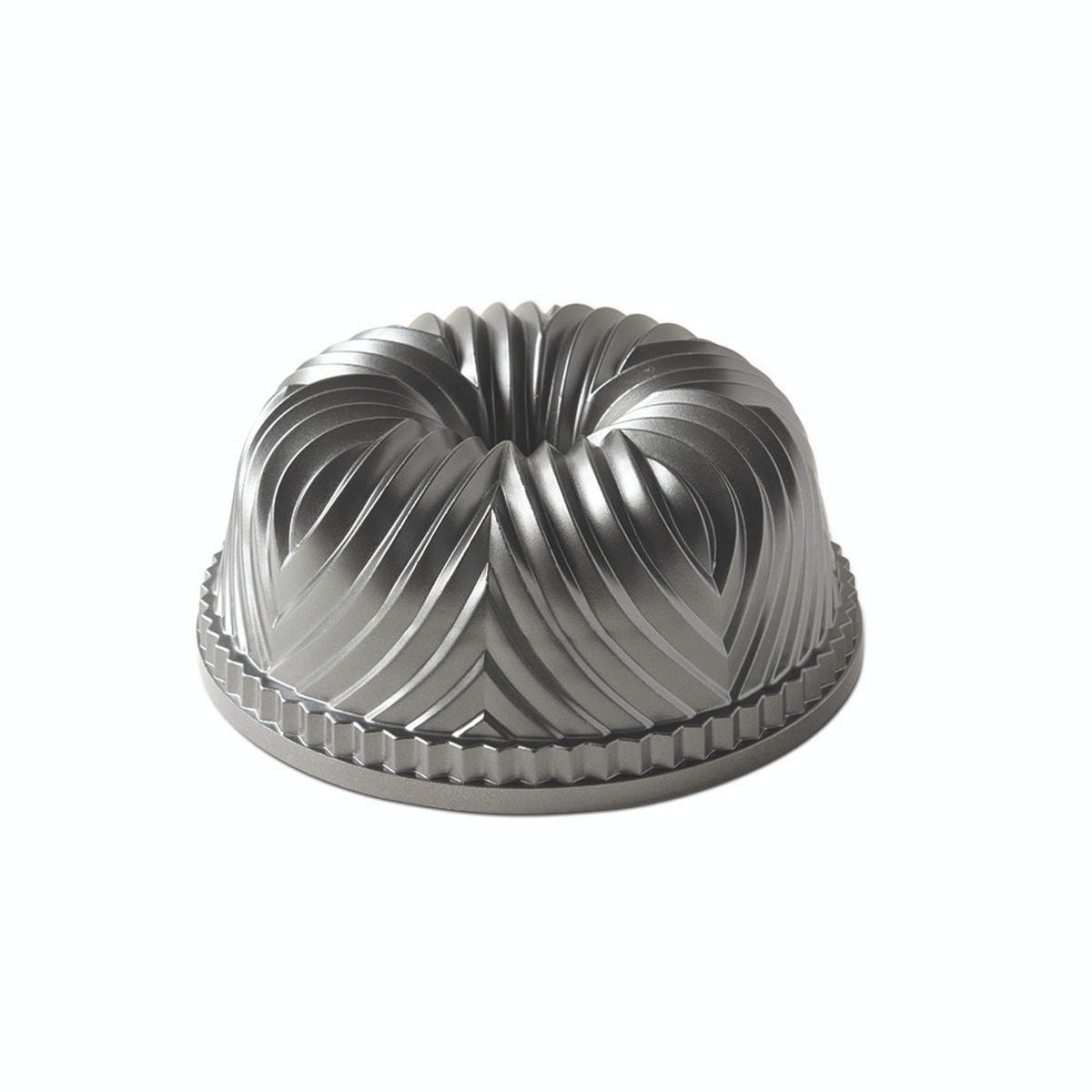 Nordic Ware Bavaria Bundt Pan in graphite finish, angled view showing intricate geometric pleated exterior