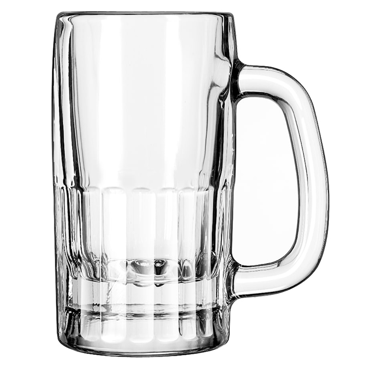 Libbey 5362 clear 10 oz glass beer mug with narrow rectangular panels on lower half and integrated handle