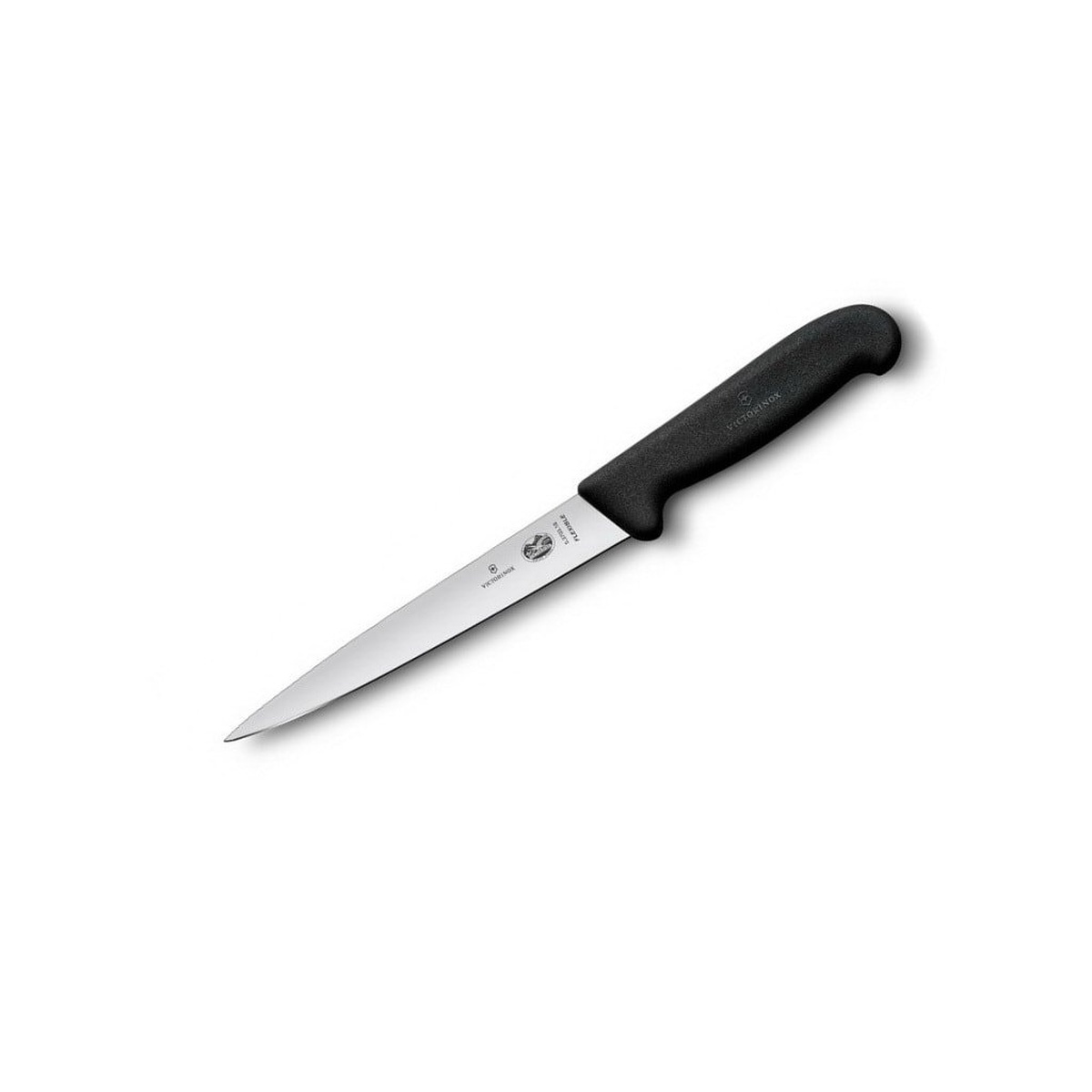 Victorinox 5.3703.18 Fibrox Fillet Knife with black polymer handle and stainless steel blade on white background