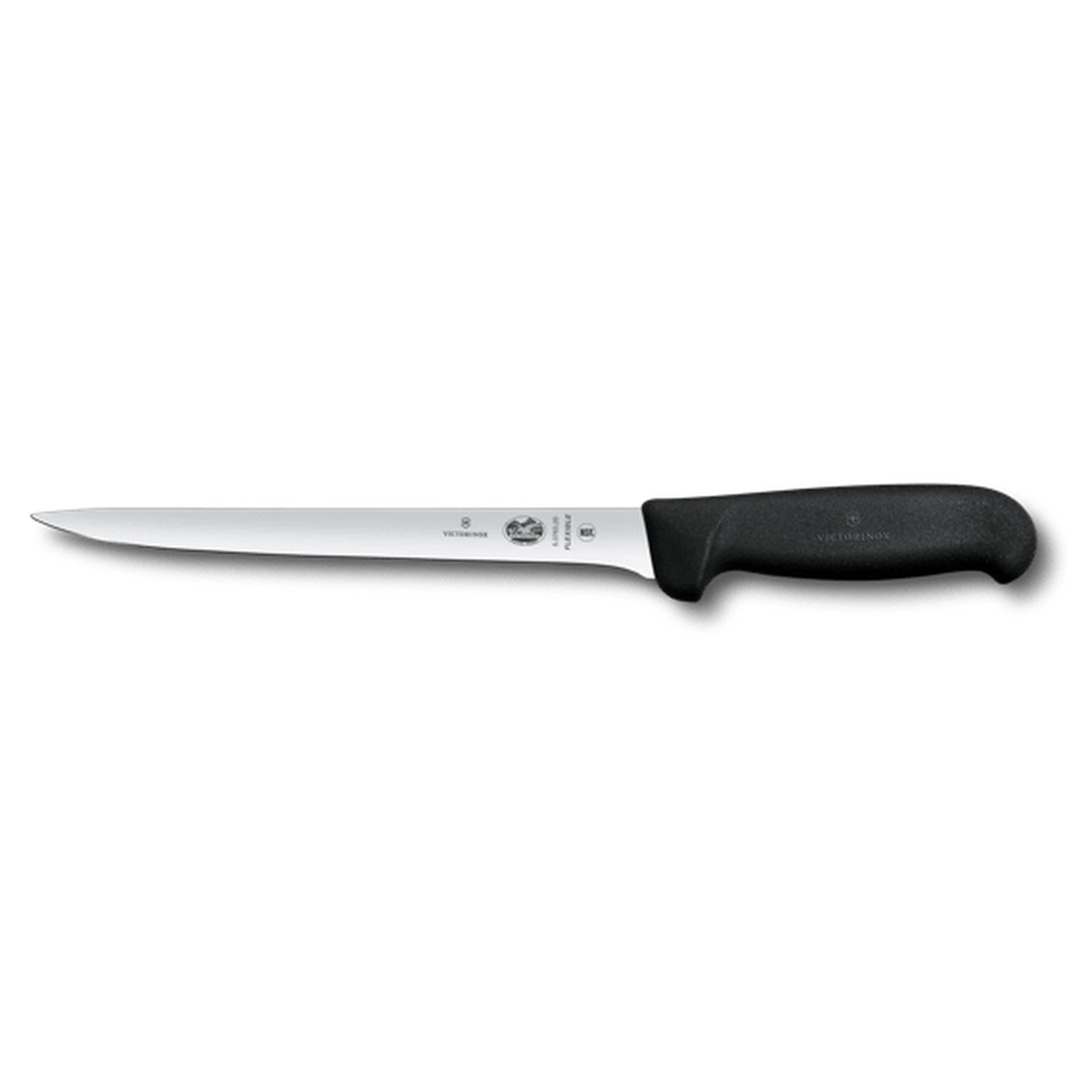 Victorinox fillet knife with flexible blade and black Fibrox handle, side profile view