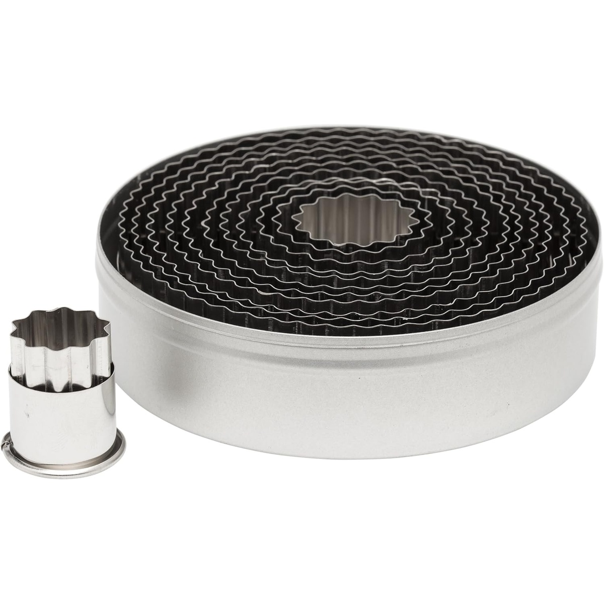 Ateco 5407 set of stainless steel fluted round pastry cutters nested in a round metal storage tin, with the smallest cutter shown separately