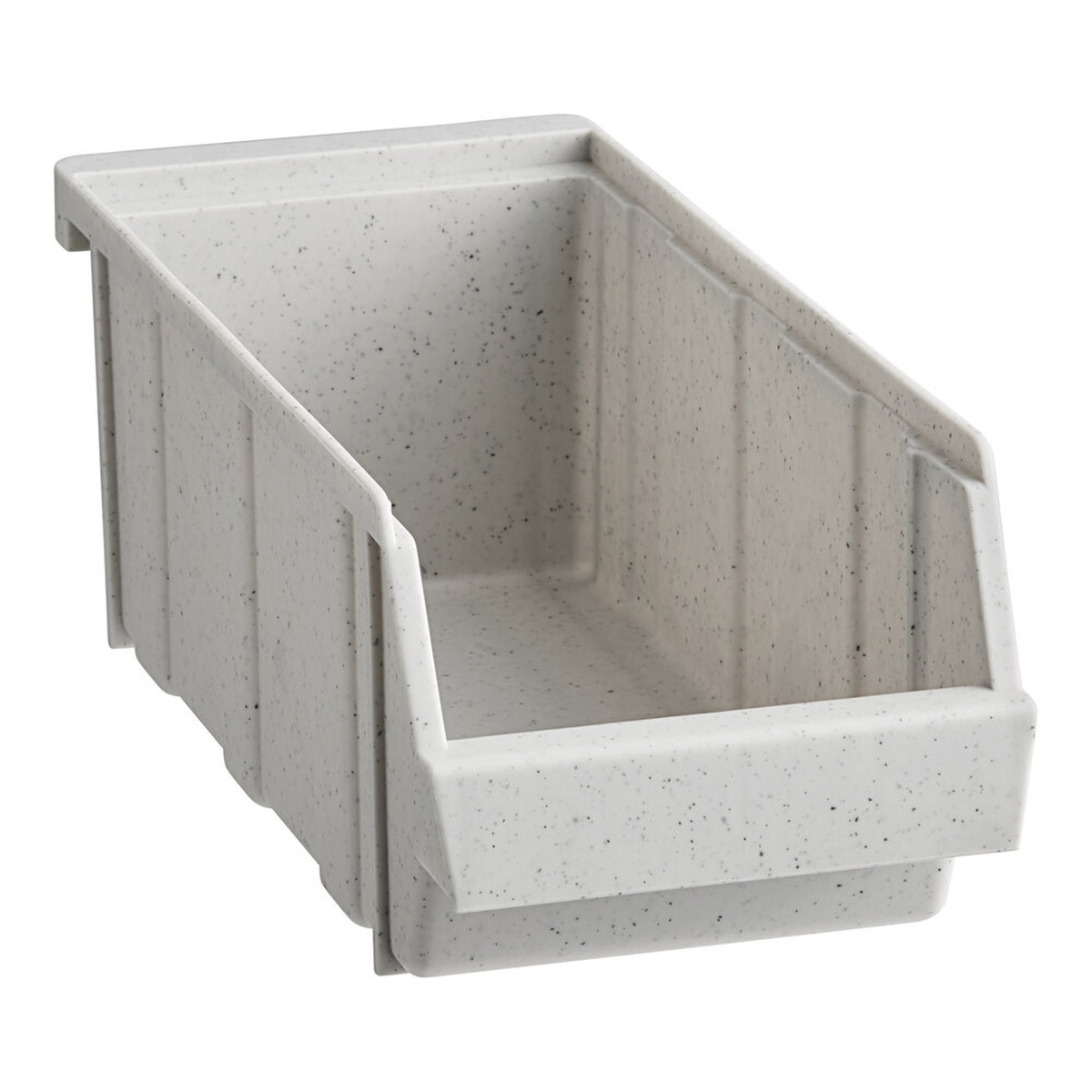 Cambro 5412CBP480 speckled gray Versa organizer bin shown from an angle, displaying its open-front rectangular shape and textured finish