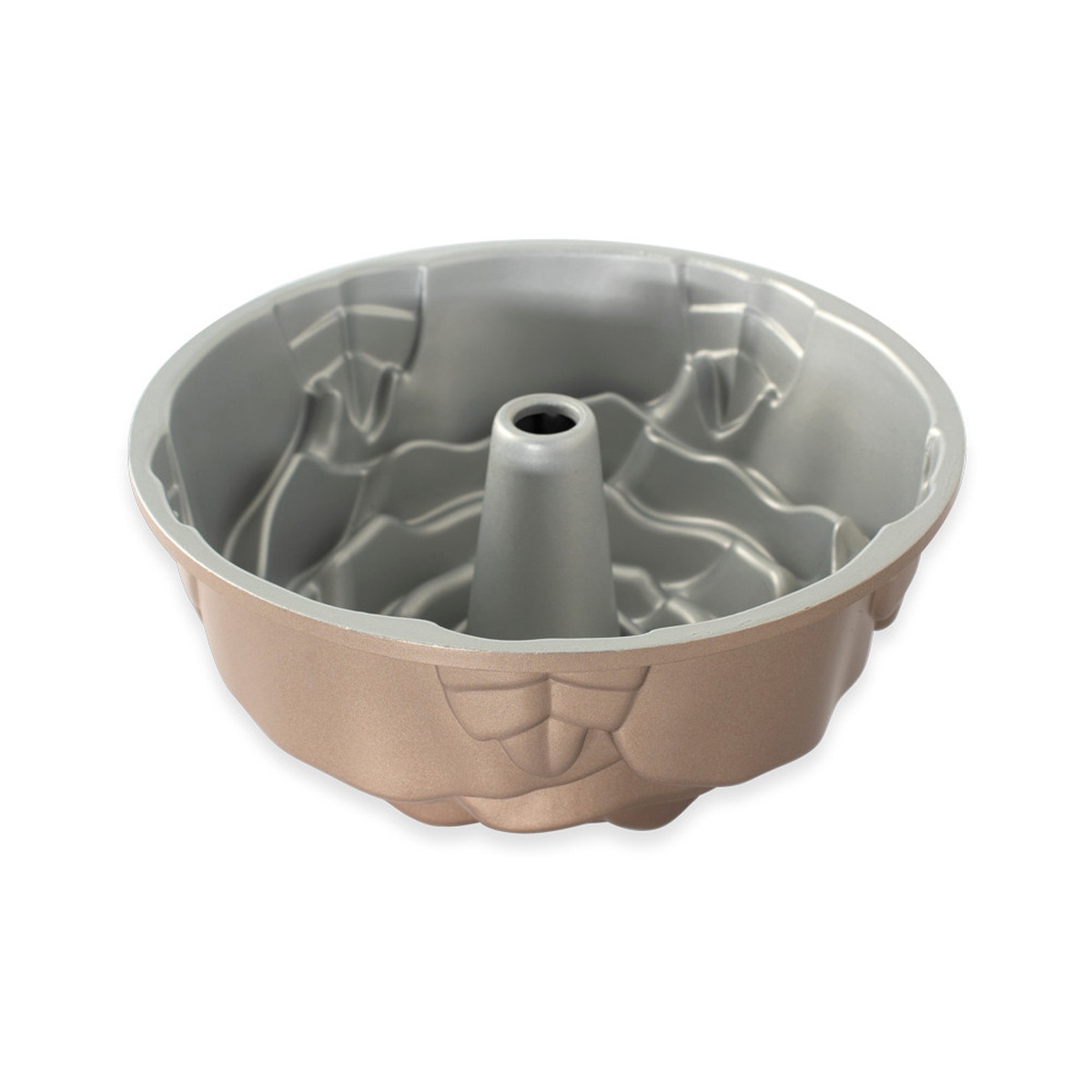 Nordic Ware Rose Bundt Pan interior view showing premium nonstick silver coating and central tube