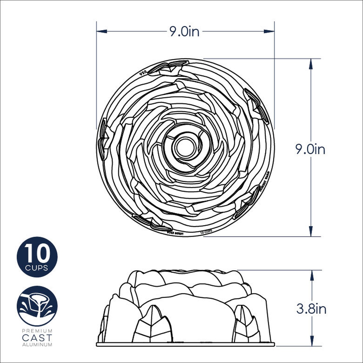 Technical dimension diagram of Nordic Ware Rose Bundt Pan showing 9.0 inch diameter and 3.8 inch height with 10-cup capacity callout