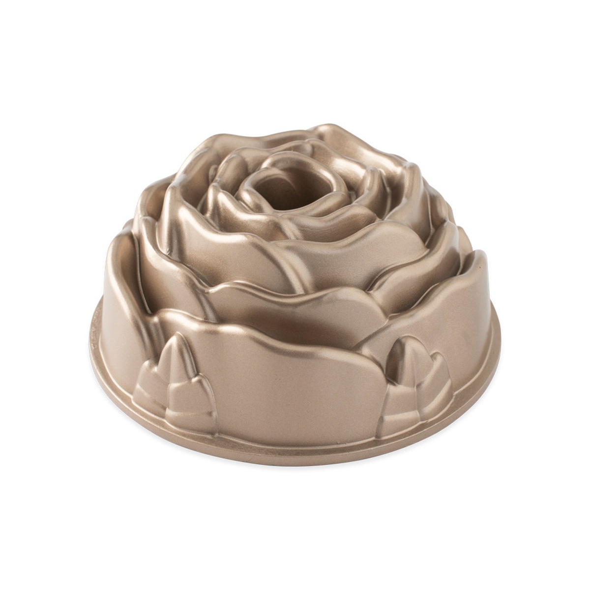 Nordic Ware Rose Bundt Pan exterior view showing detailed rose petal design in warm gold cast aluminum