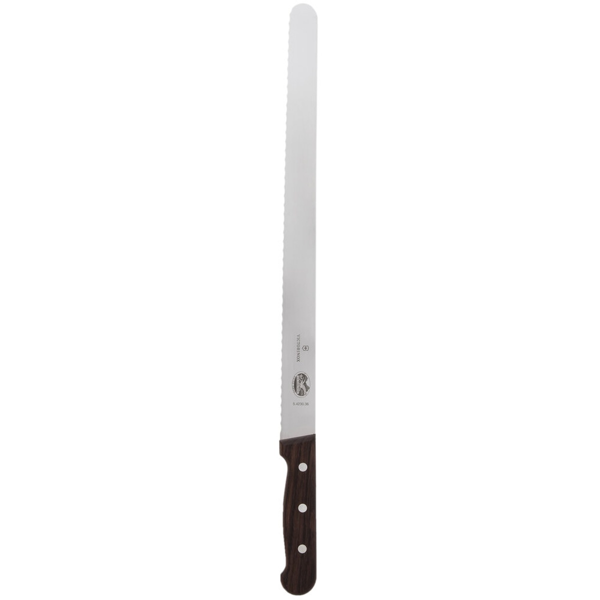 Victorinox 5.4230.36 14-inch serrated slicing knife with high-carbon stainless steel blade and rosewood handle, full view on white background