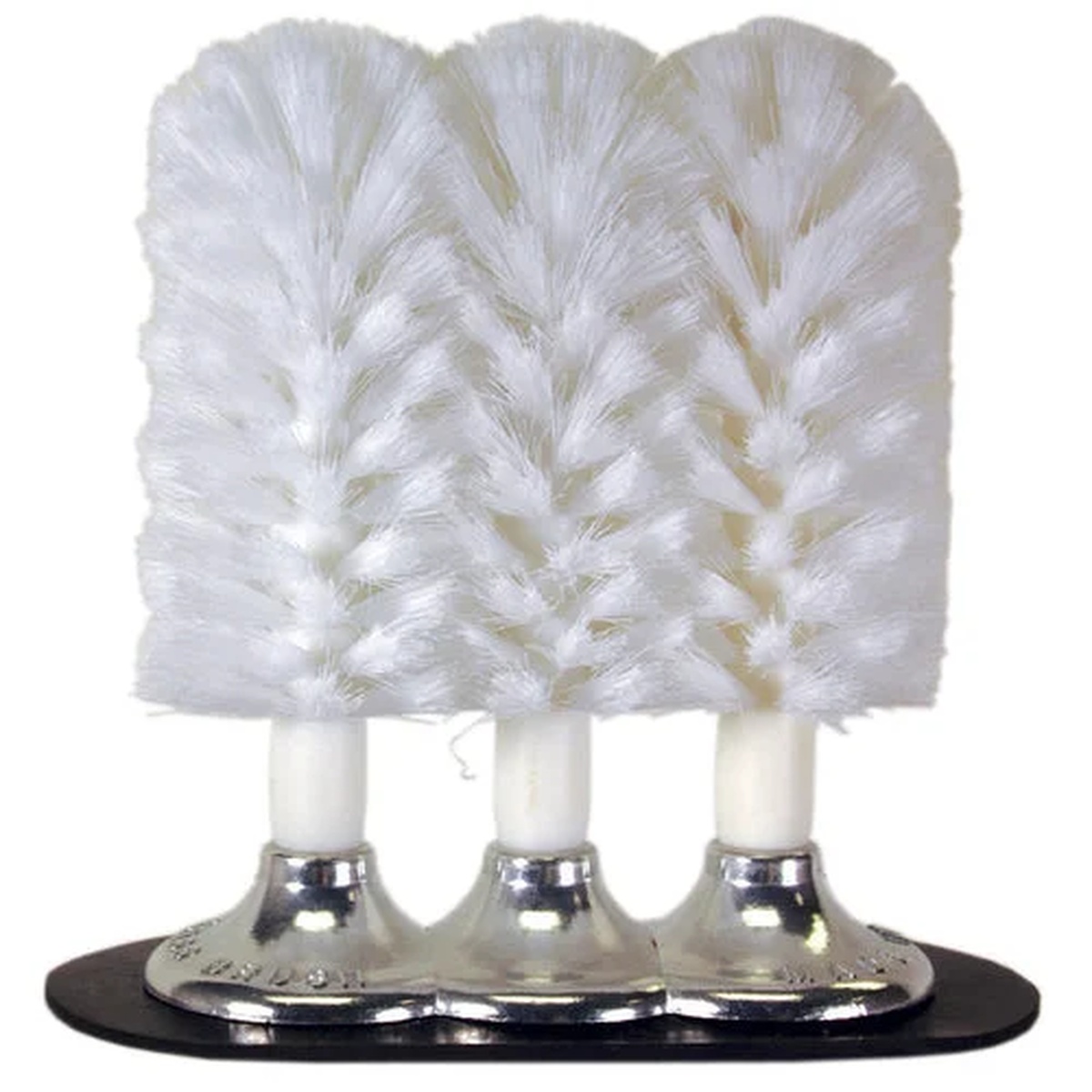 Spill-Stop 543-00 triple glass brush washer with three white brush heads on chrome bases mounted on a dark oval cast base
