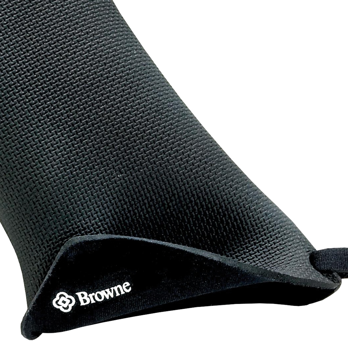 Close-up of Browne oven mitt cuff showing reinforced stitching, brand logo, and textured FLXaPrene material
