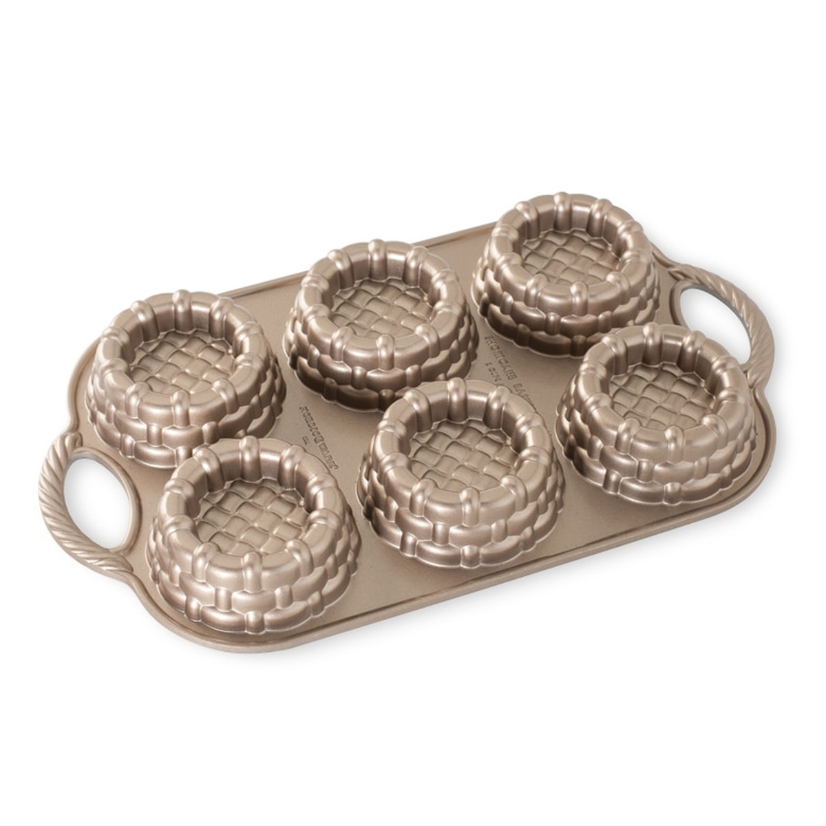 Nordic Ware Shortcake Baskets Pan top-angle view showing six basket-weave cavities with rope-twist handles in champagne finish