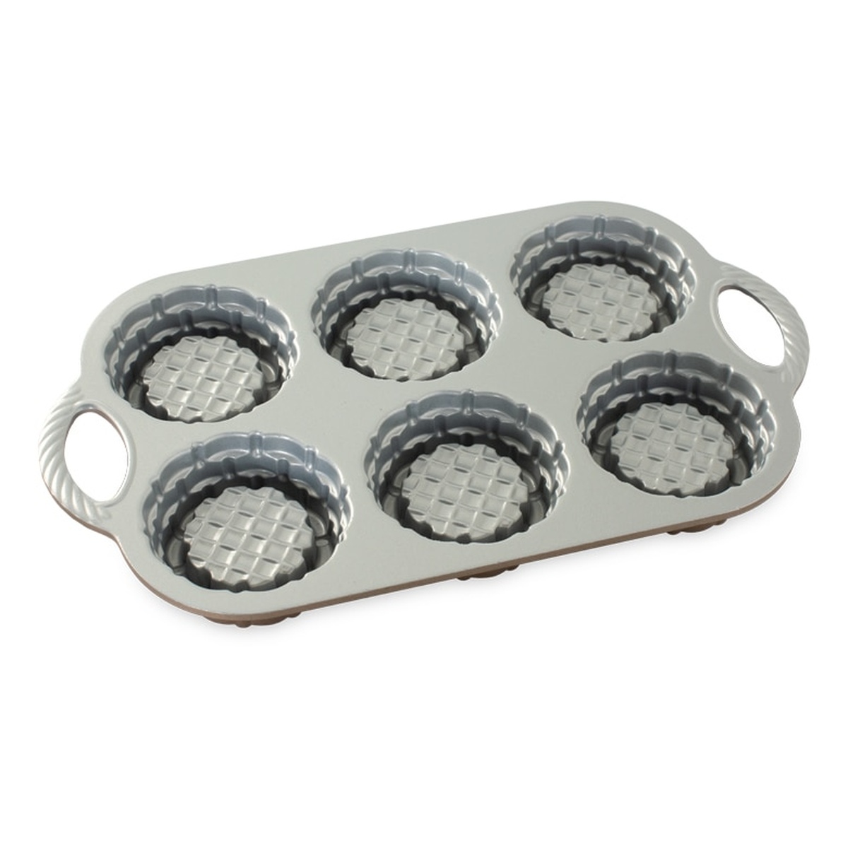 Nordic Ware Shortcake Baskets Pan interior view showing six cavities with diamond crosshatch pattern and nonstick two-tone coating