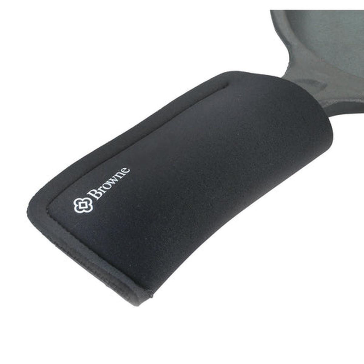 Browne KitchenGrips black FLXaPrene pan handle sleeve fitted over a cast iron pan handle