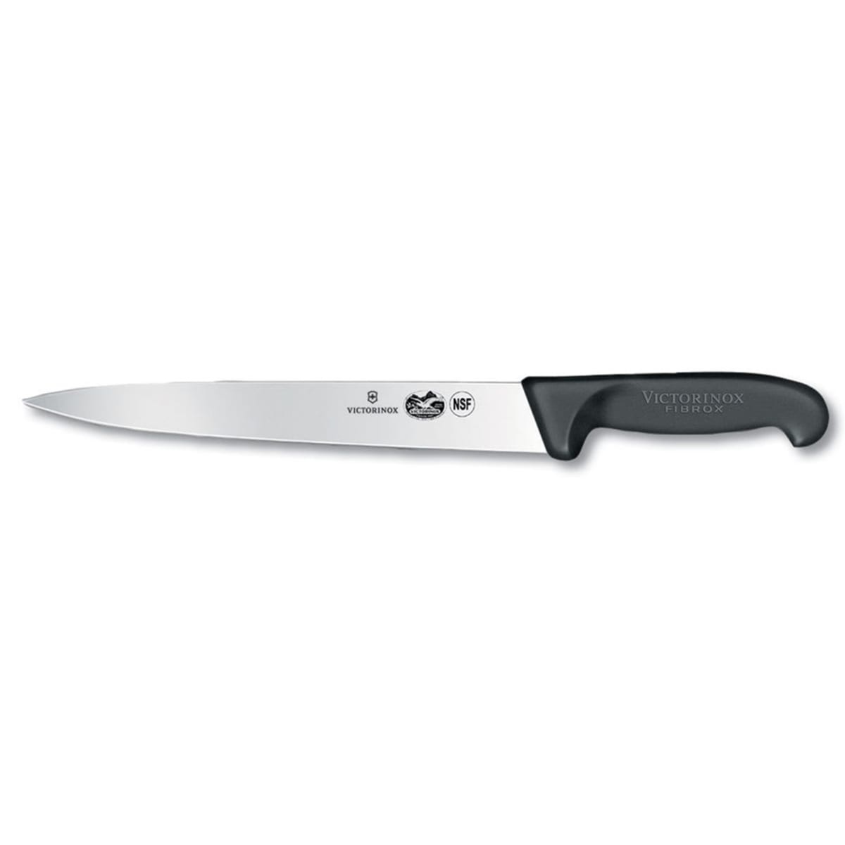 Victorinox 10-inch slicer knife with semi-flexible stamped blade and black Fibrox nylon handle, NSF certified