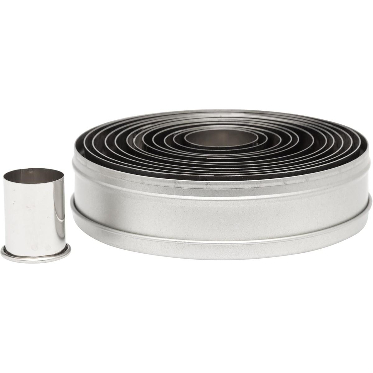 Ateco 5457 set of graduated round plain stainless steel cookie and pastry cutters nested in a round metal storage tin