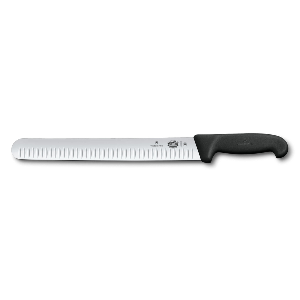Victorinox Fibrox slicing knife with 12-inch Granton blade and black Fibrox handle shown on gray background