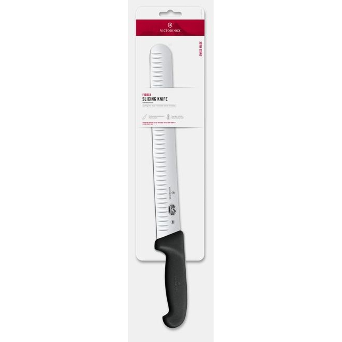 Victorinox Fibrox Slicing Knife in retail packaging showing Swiss Made branding
