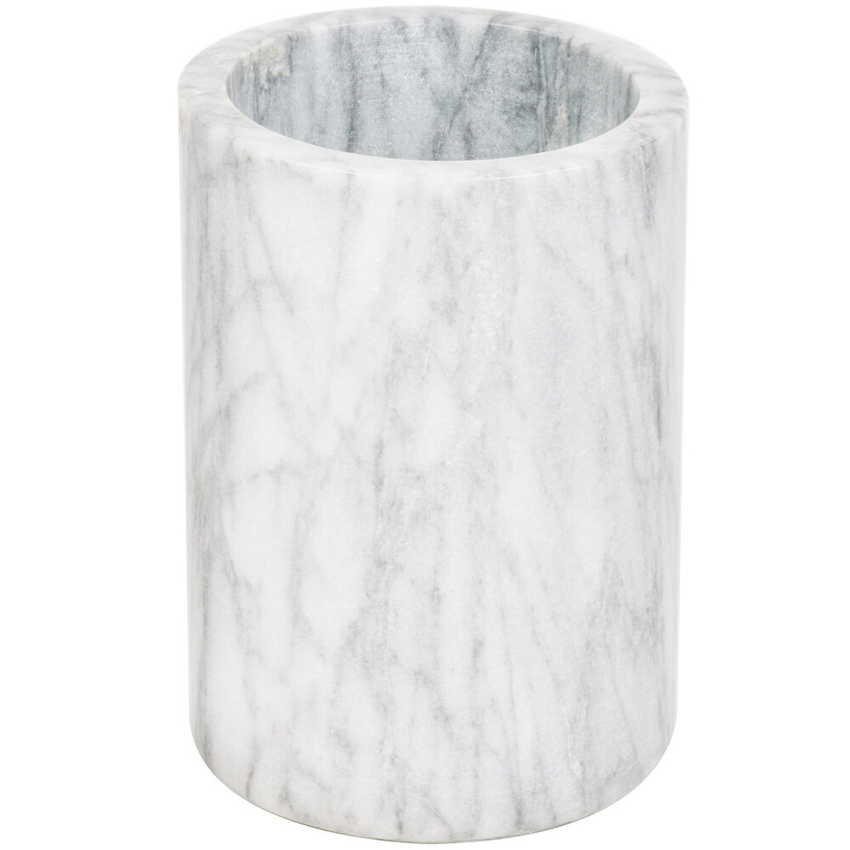 TableCraft 5488W white marble wine cooler, cylindrical shape with gray veining, viewed from front on white background