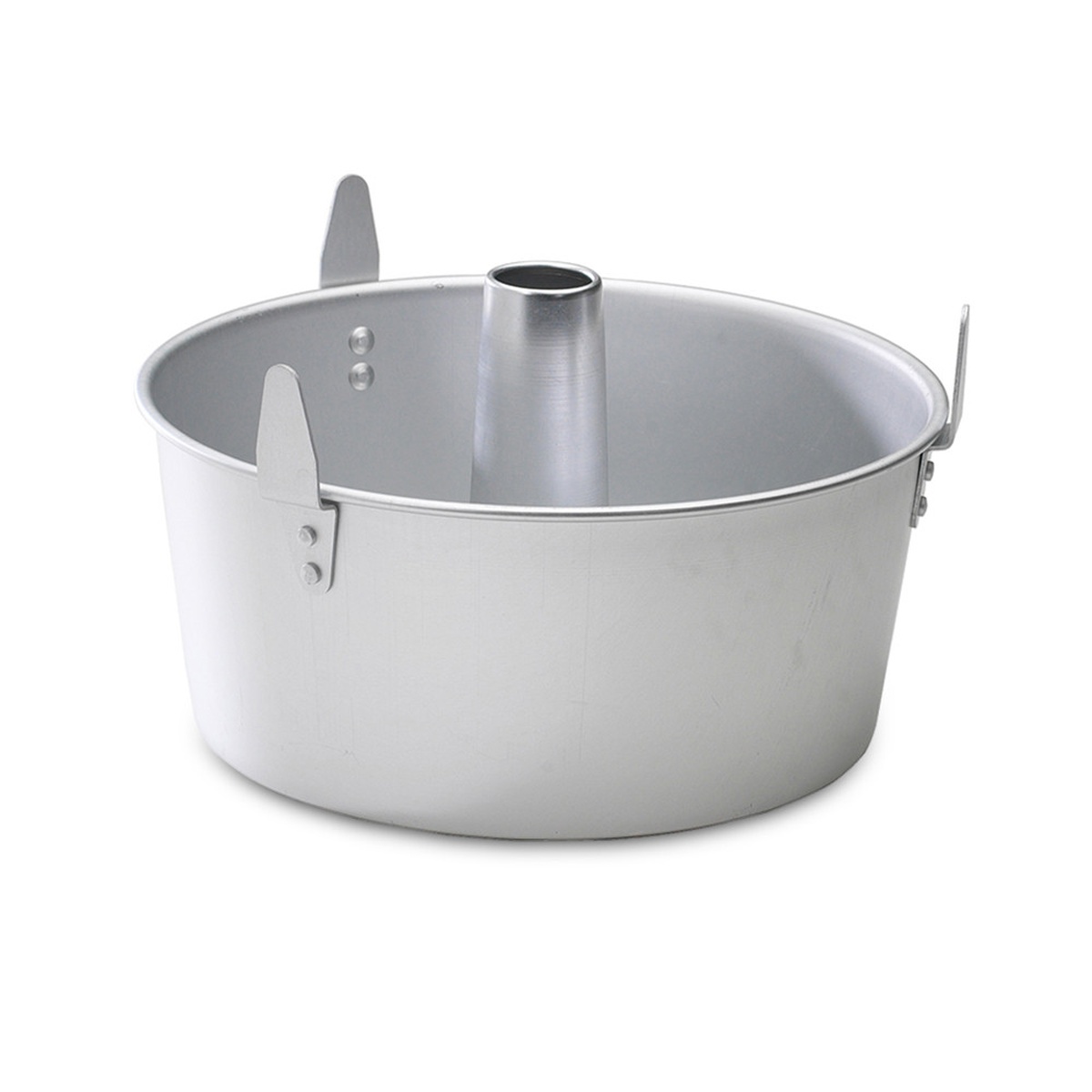 Side view of Nordic Ware angel food pan showing raised feet and center tube