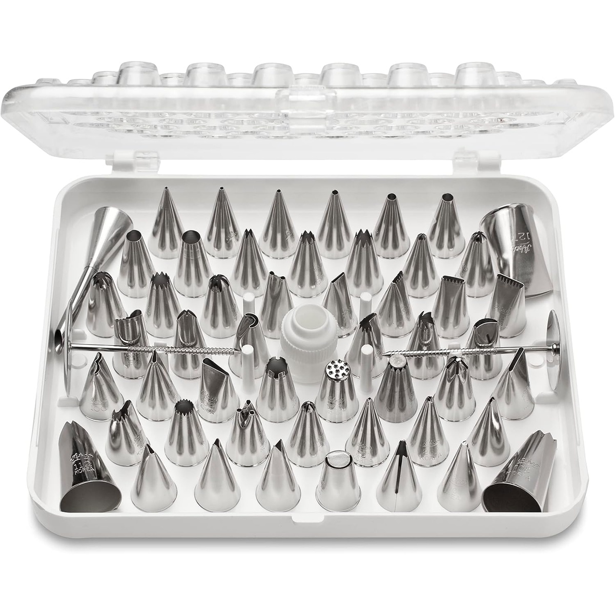 Ateco 783 55-piece cake decorating set with stainless steel piping tips, flower nails, and coupler arranged in a hinged white plastic storage box