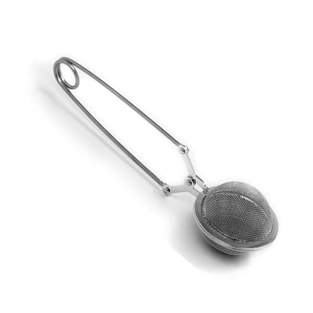 Norpro stainless steel mesh tea infuser with long squeeze handle, shown on white background