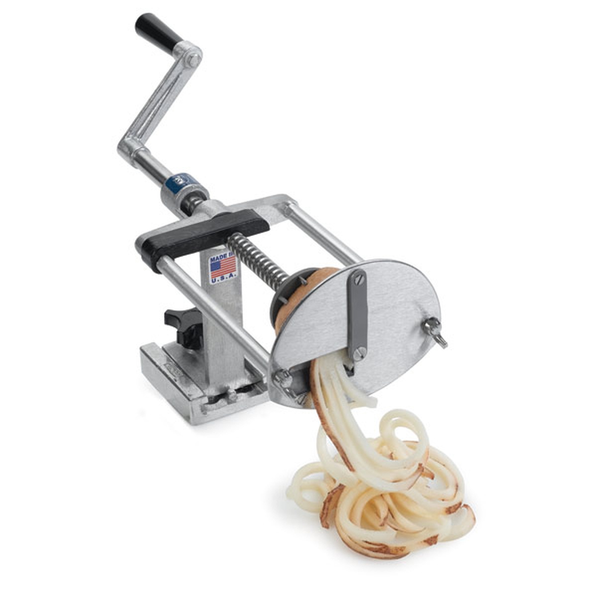 Nemco 55050AN Spiral Fry manual potato cutter with crank handle creating spiral-cut potato