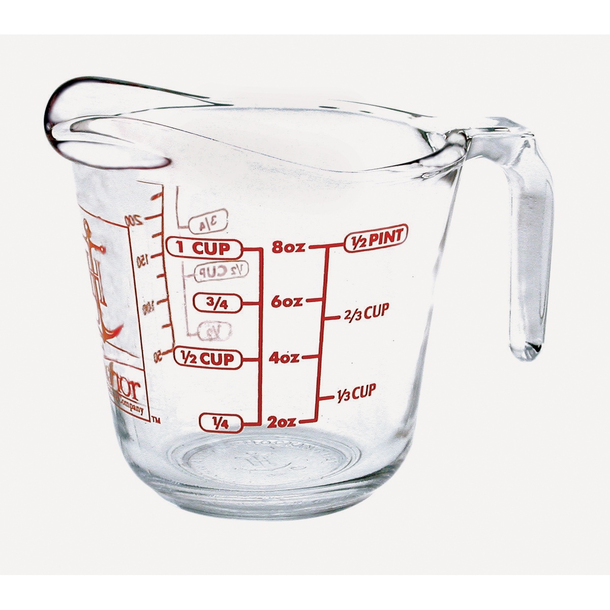 Anchor Hocking 8 oz clear glass measuring cup with red graduation markings showing cups, ounces, and milliliter measurements