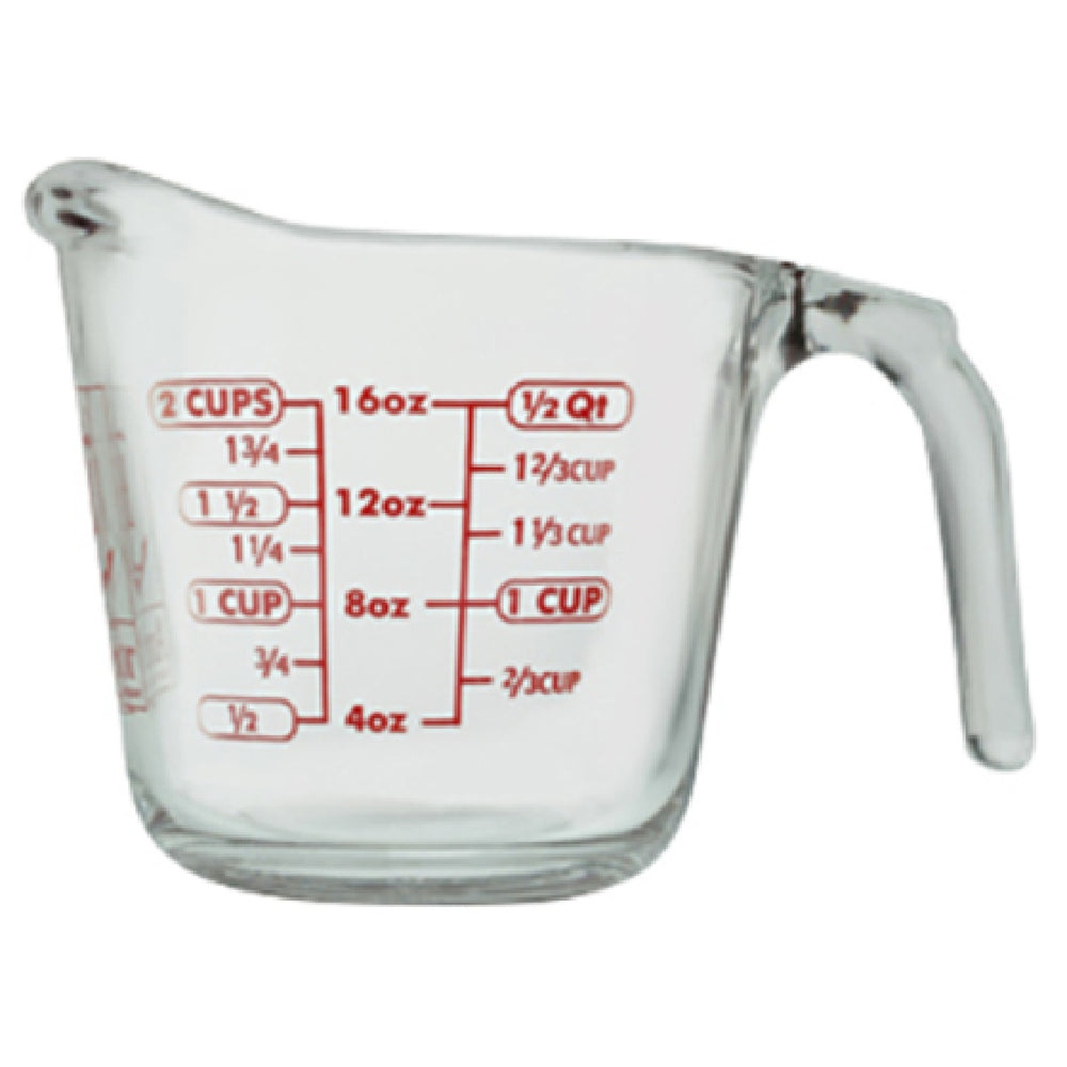Anchor Hocking 55177L20 16 oz clear tempered glass measuring cup with red calibration markings showing cups, ounces, and quarts