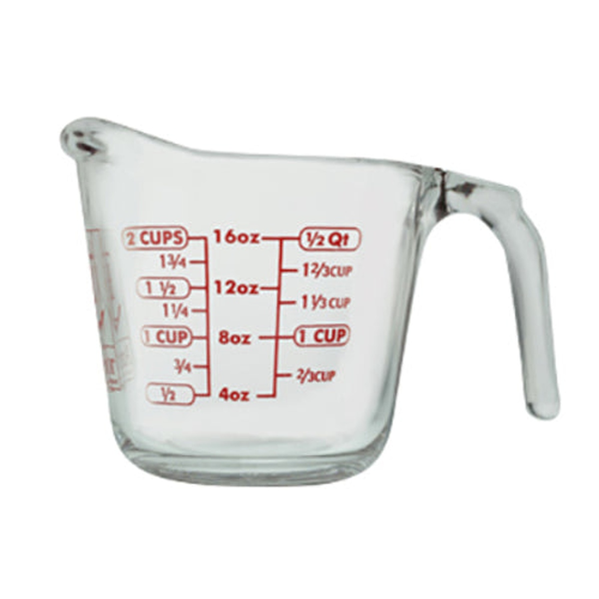 Anchor Hocking 16 oz clear glass measuring cup with red measurement graduations and open handle