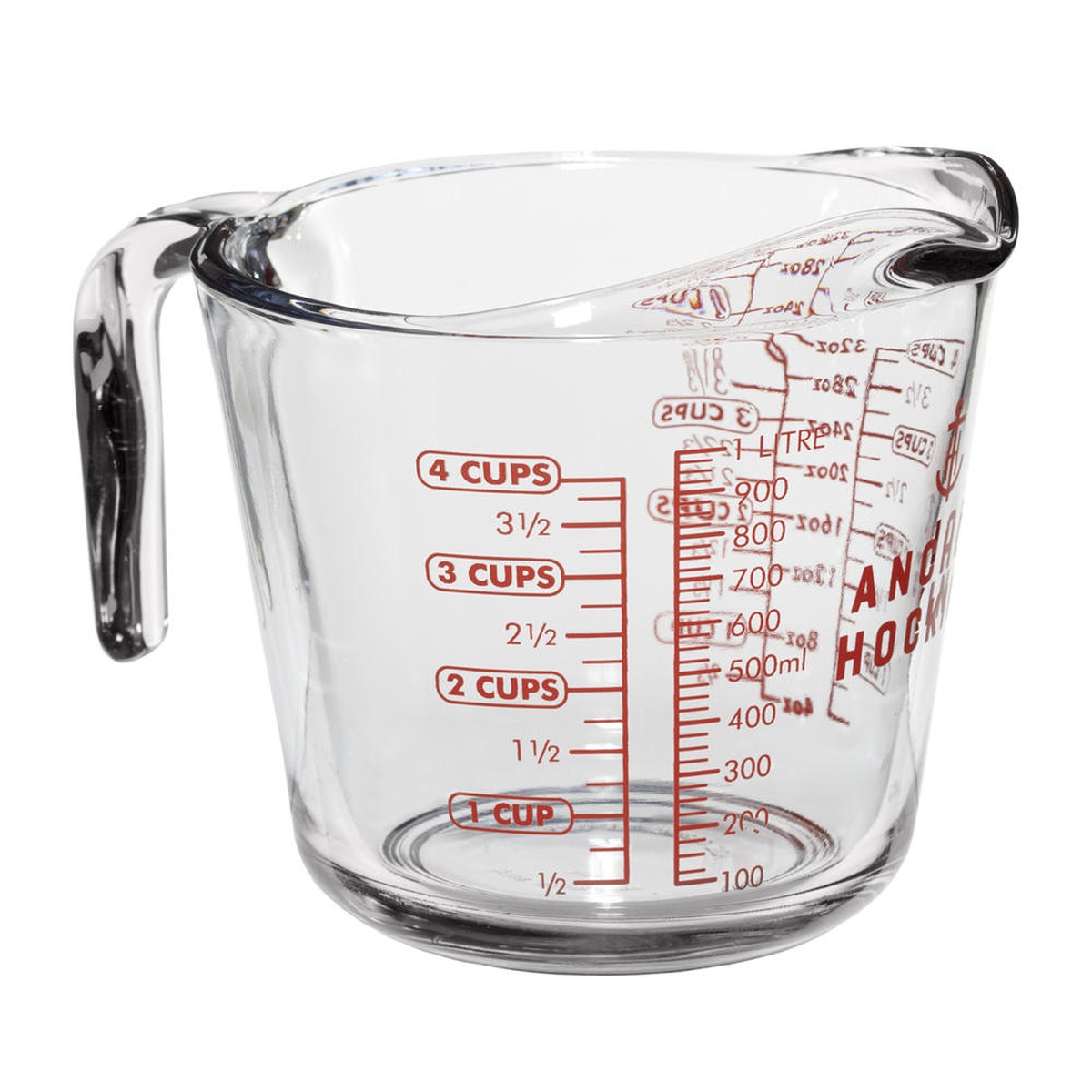 Anchor Hocking 55178L20 32 oz clear glass measuring cup with red imperial and metric graduation markings and ergonomic handle