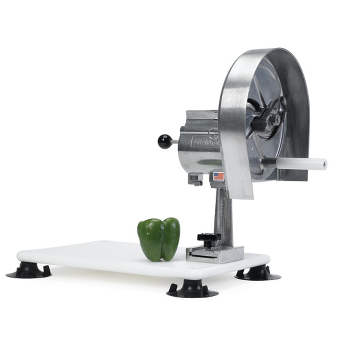 Nemco 55200AN-6 Easy Slicer vegetable cutter mounted on portable base with green bell pepper
