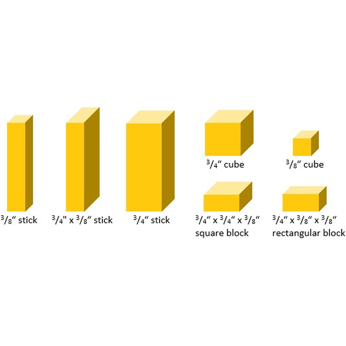 Diagram showing various cheese cut shapes including 3/8 inch sticks, 3/4 inch sticks, 3/4 inch cubes, 3/8 inch cubes, square blocks, and rectangular blocks