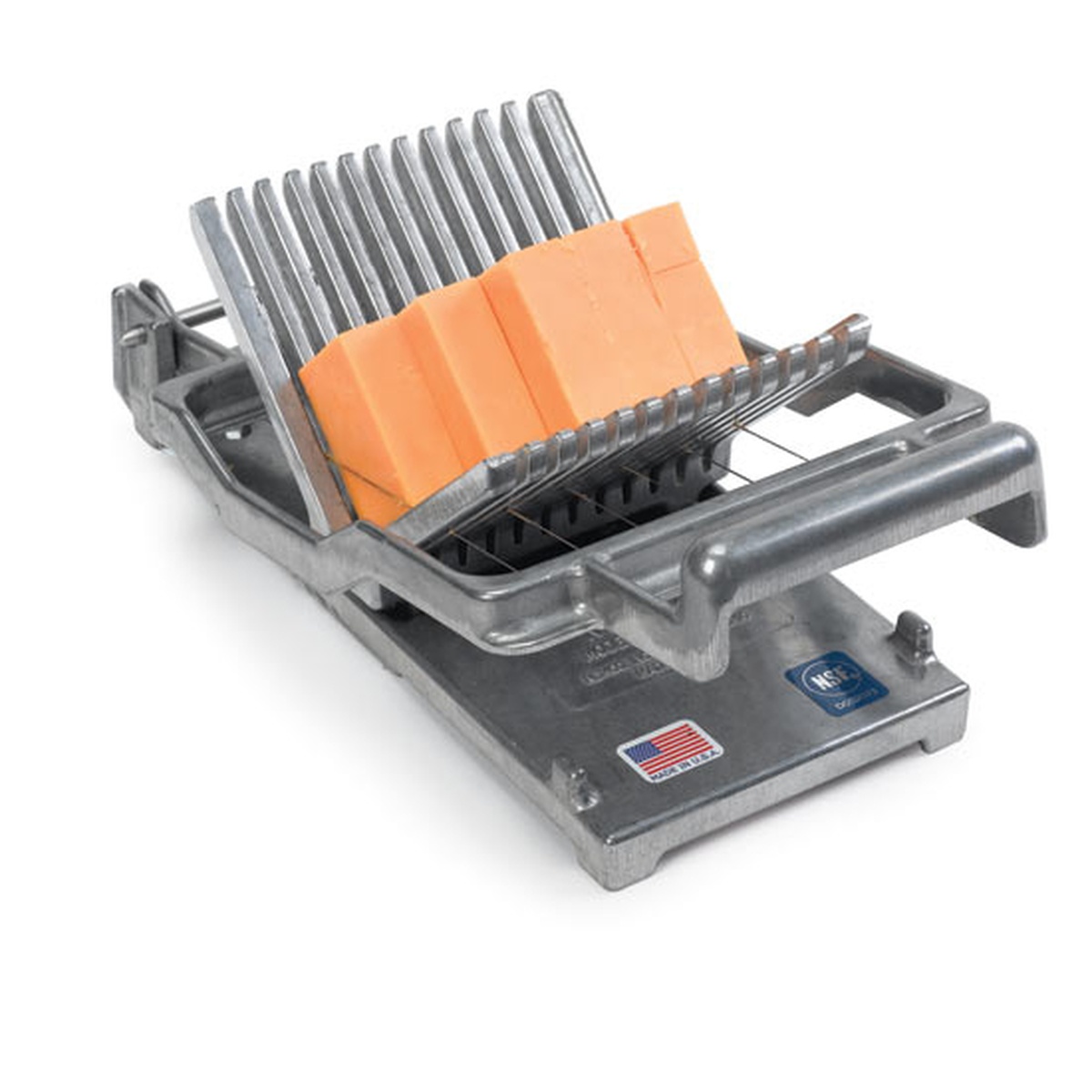 Nemco Easy Cheeser 55300A cheese cutting device with wire grid and orange cheese block positioned for slicing