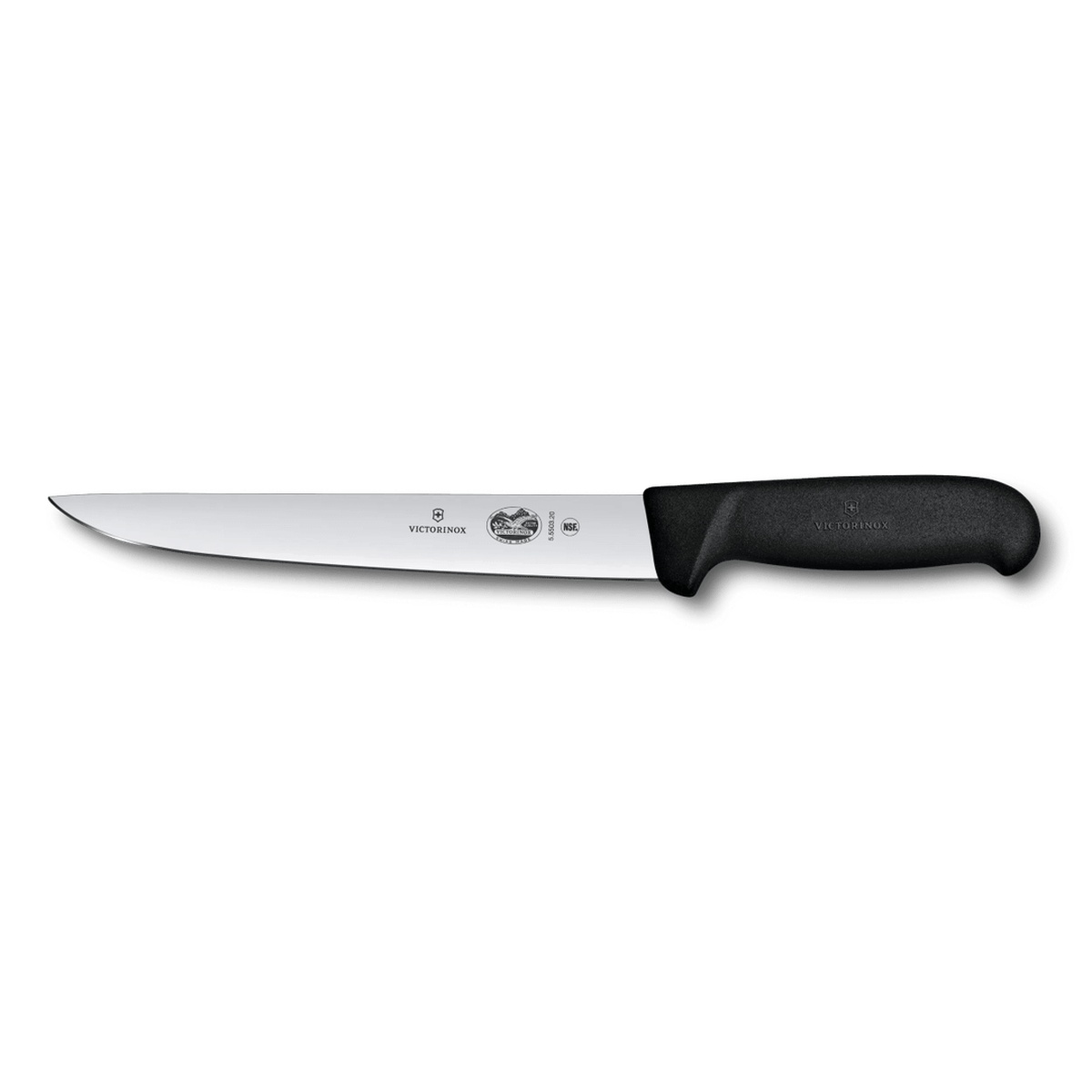 Victorinox 5.5503.20B flank and shoulder knife with stainless steel blade and black Fibrox handle on white background