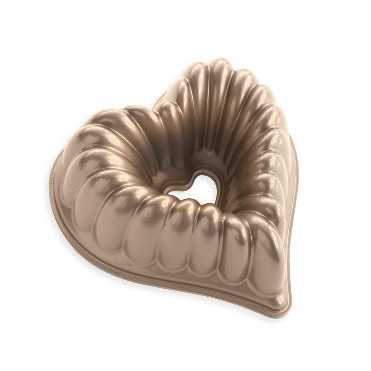 Nordic Ware Elegant Heart Bundt Pan angled side view showcasing deep fluted channels and heart-shaped center hole in toffee cast aluminum