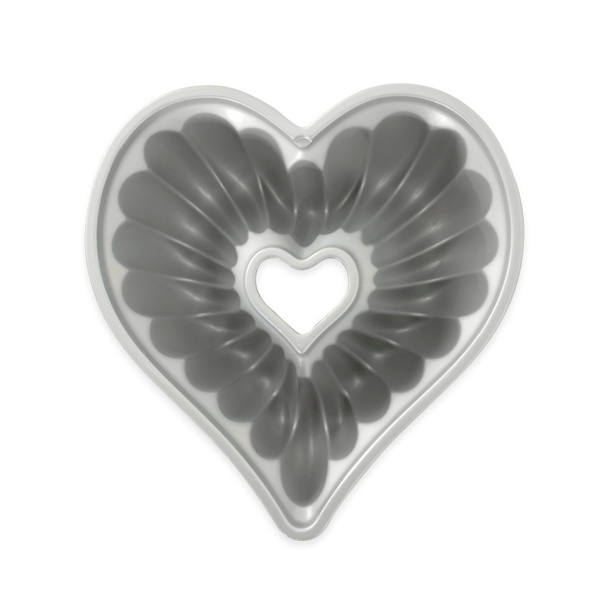 Nordic Ware Elegant Heart Bundt Pan interior view showing smooth nonstick gray coating on cast aluminum baking surface