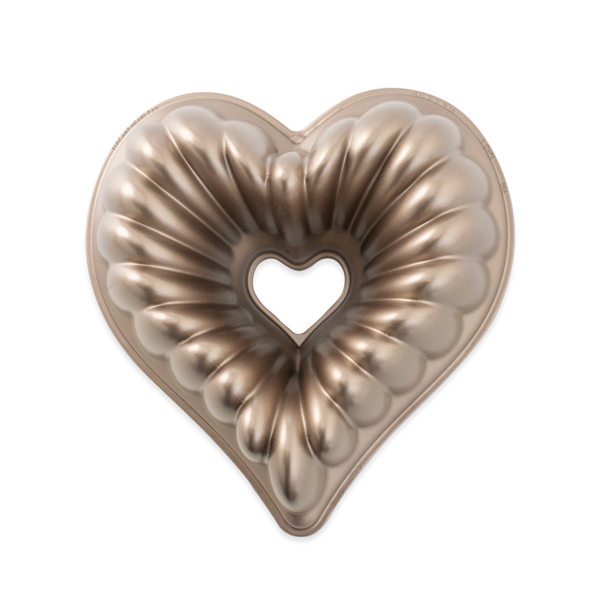 Nordic Ware Elegant Heart Bundt Pan top-down view showing intricate floral and heart detail exterior in toffee finish