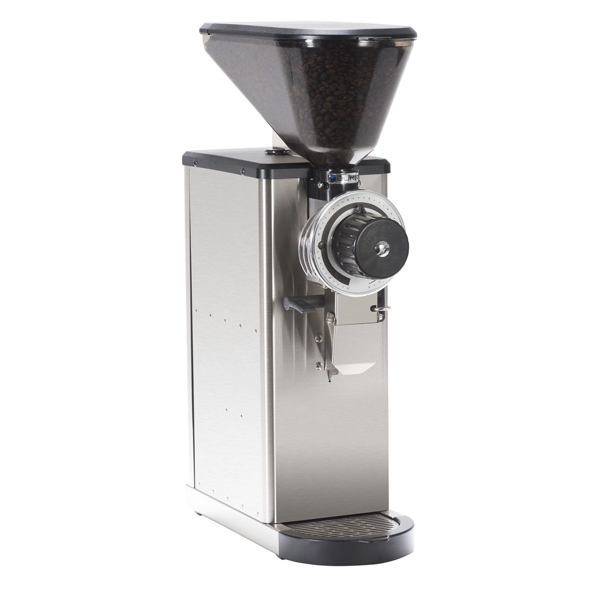 BUNN GVH-3 stainless steel commercial coffee grinder with 3 lb visual hopper filled with coffee beans