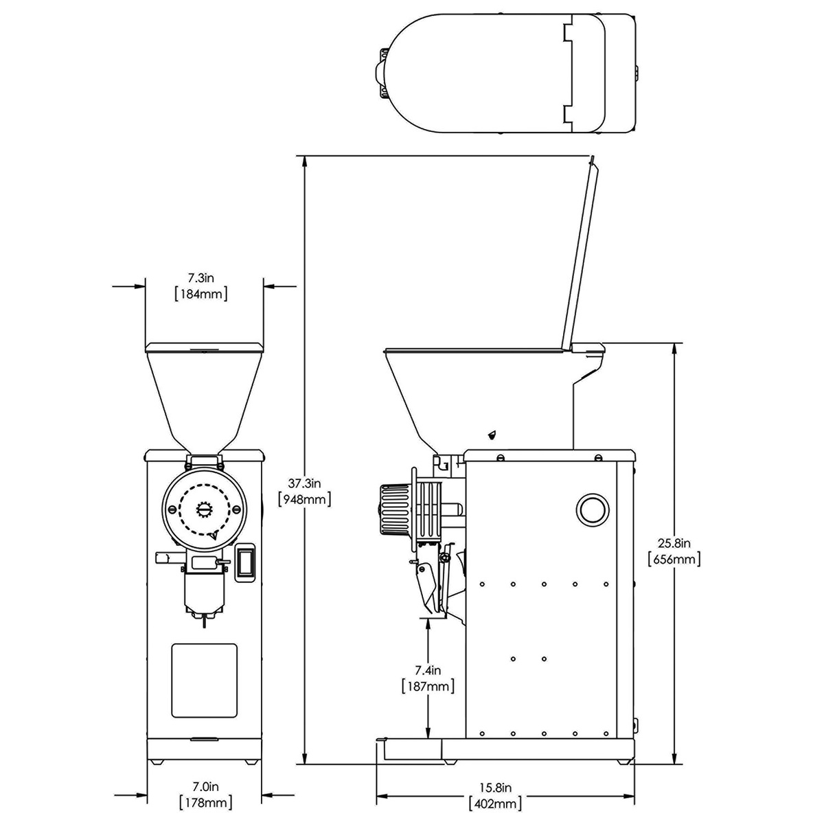 BUNN GVH-3 coffee grinder technical dimensions diagram showing width 7.3 in, depth 15.8 in, and height 25.8 in