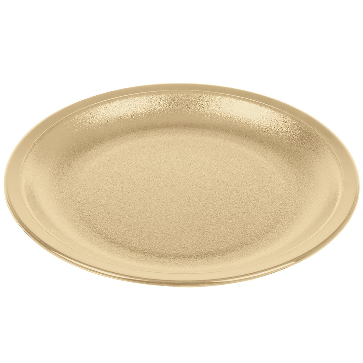 Cambro 55CWNR133 Camwear 5-1/2 inch beige polycarbonate narrow rim plate, angled top view on white background