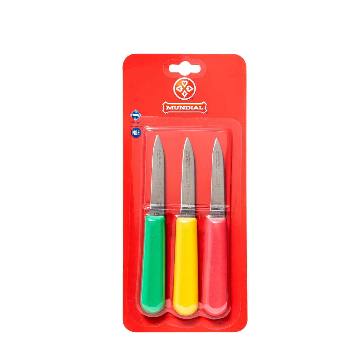 Mundial 5601-3 paring knife set of 3 with green, yellow, and red polypropylene handles in retail packaging