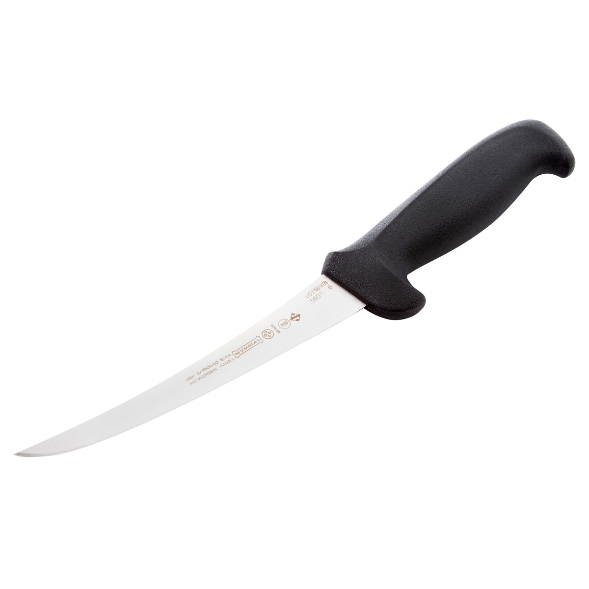 Mundial 5607-6 curved boning knife showing the blade profile and black handle