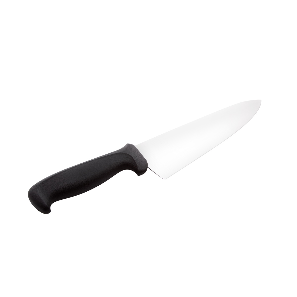 Perspective view of the ergonomic black polypropylene handle and stainless steel blade
