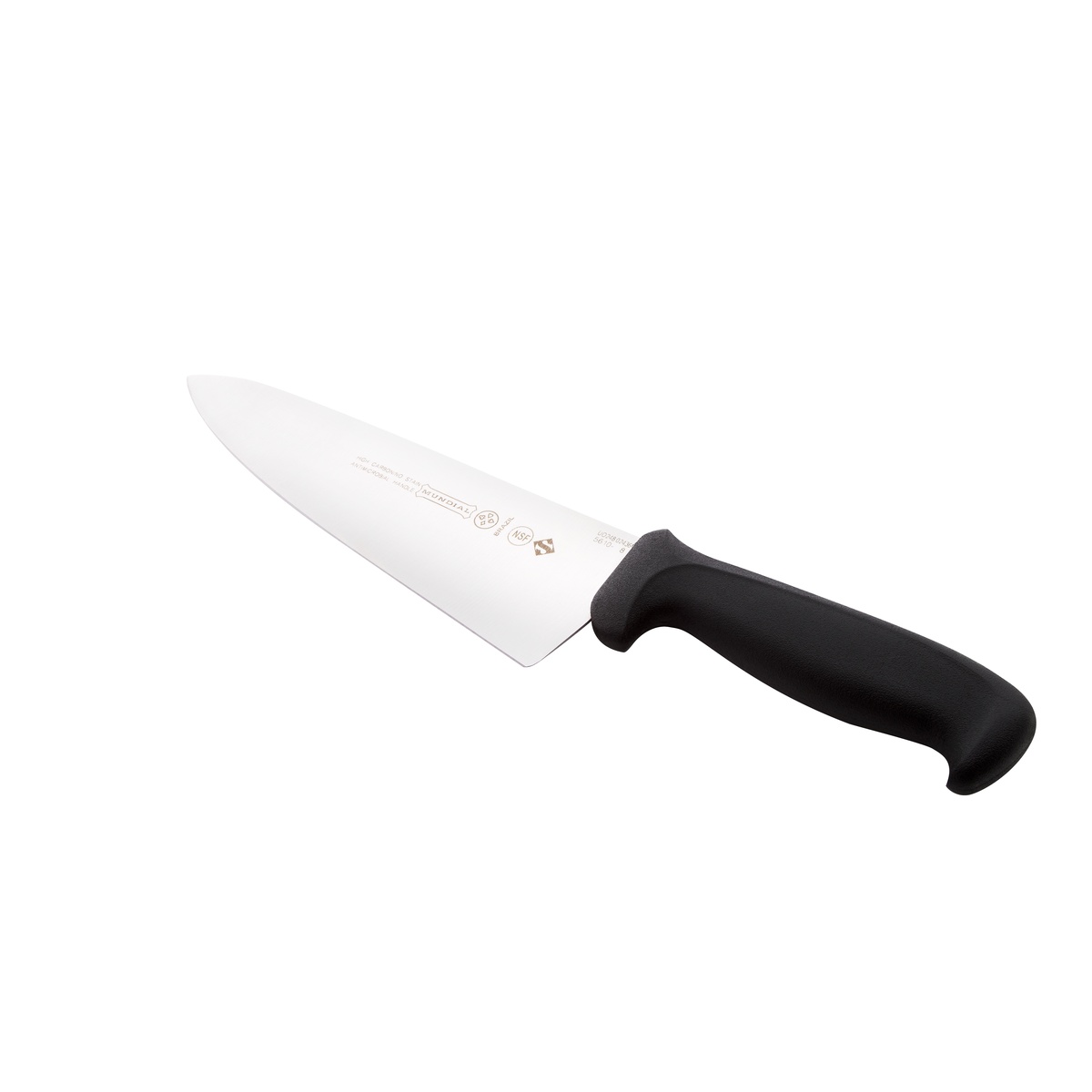 Angled view of the Mundial professional chef's knife highlighting the high-carbon stainless steel blade